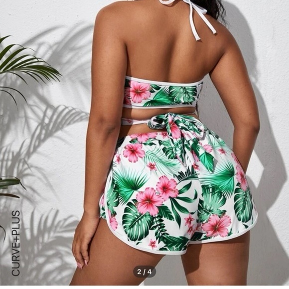 3x 2pc swim from Shein. Tropical floral wrap top and matching swim shorts. NWOT. - Picture 2 of 5